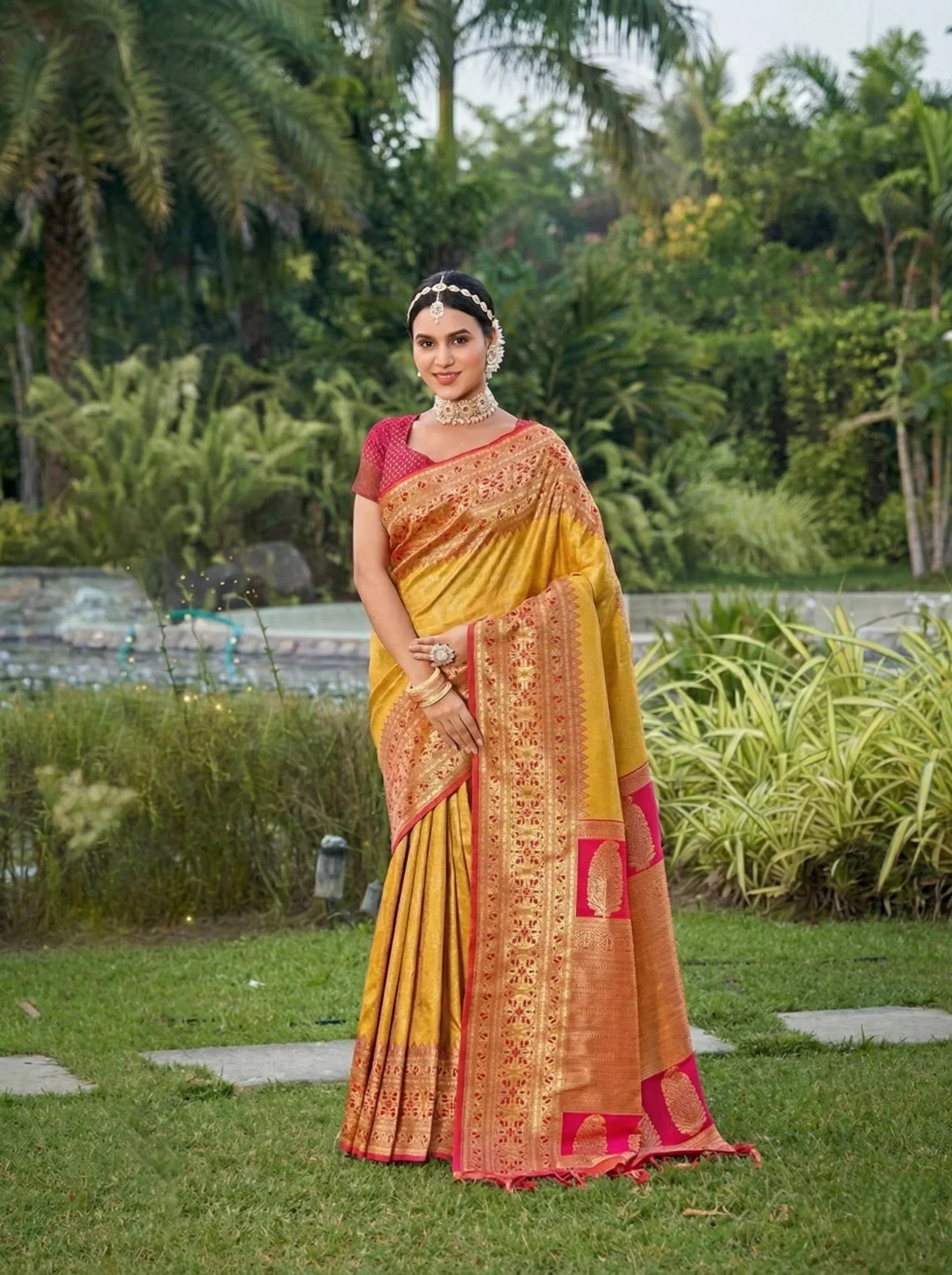 AG Mustard Yellow with Rani Pink Banarasi Silk Saree – Vibrant Traditional Luxury in USA