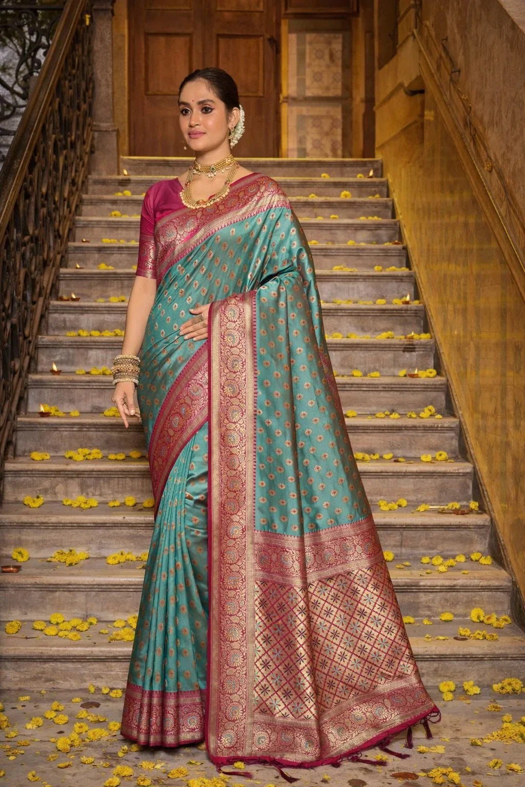 AS Grey/Blue Banarasi Silk Fancy Saree – Elegant Designer Banarasi Silk Saree for Weddings & Festive Wear in USA
