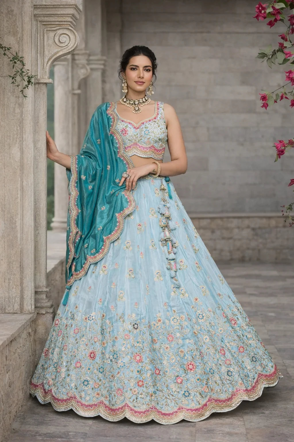 Aqua Blue Embroidered Net Lehenga with Contrasting Teal Dupatta – Elegant Designer Bridal & Festive Wear in USA