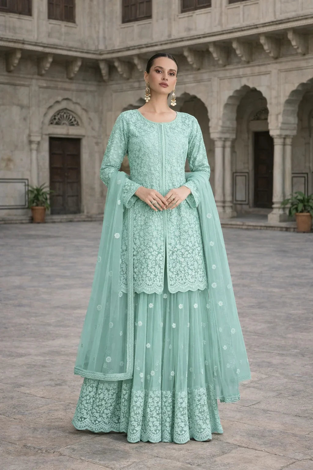 Aqua Mint Embroidered Net Sharara Set With Jacket-Style Kurti & Dupatta – Elegant Designer Fashion in USA