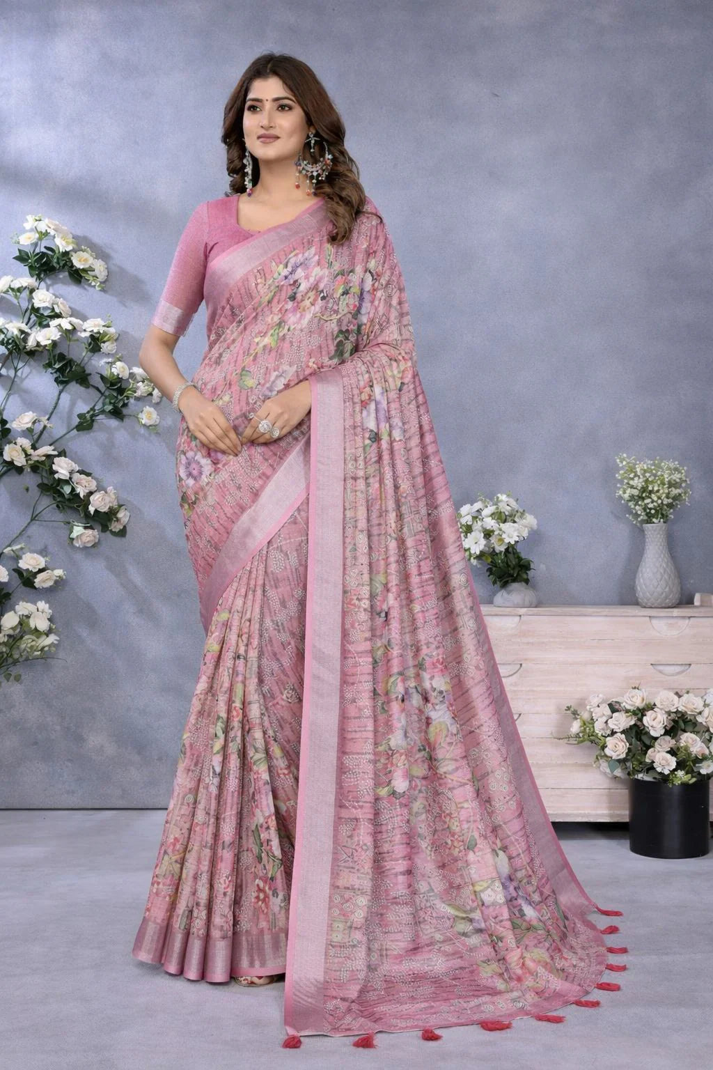 Baby Pink Linen Saree With Floral Print – Timeless Grace and Everyday Elegance in USA