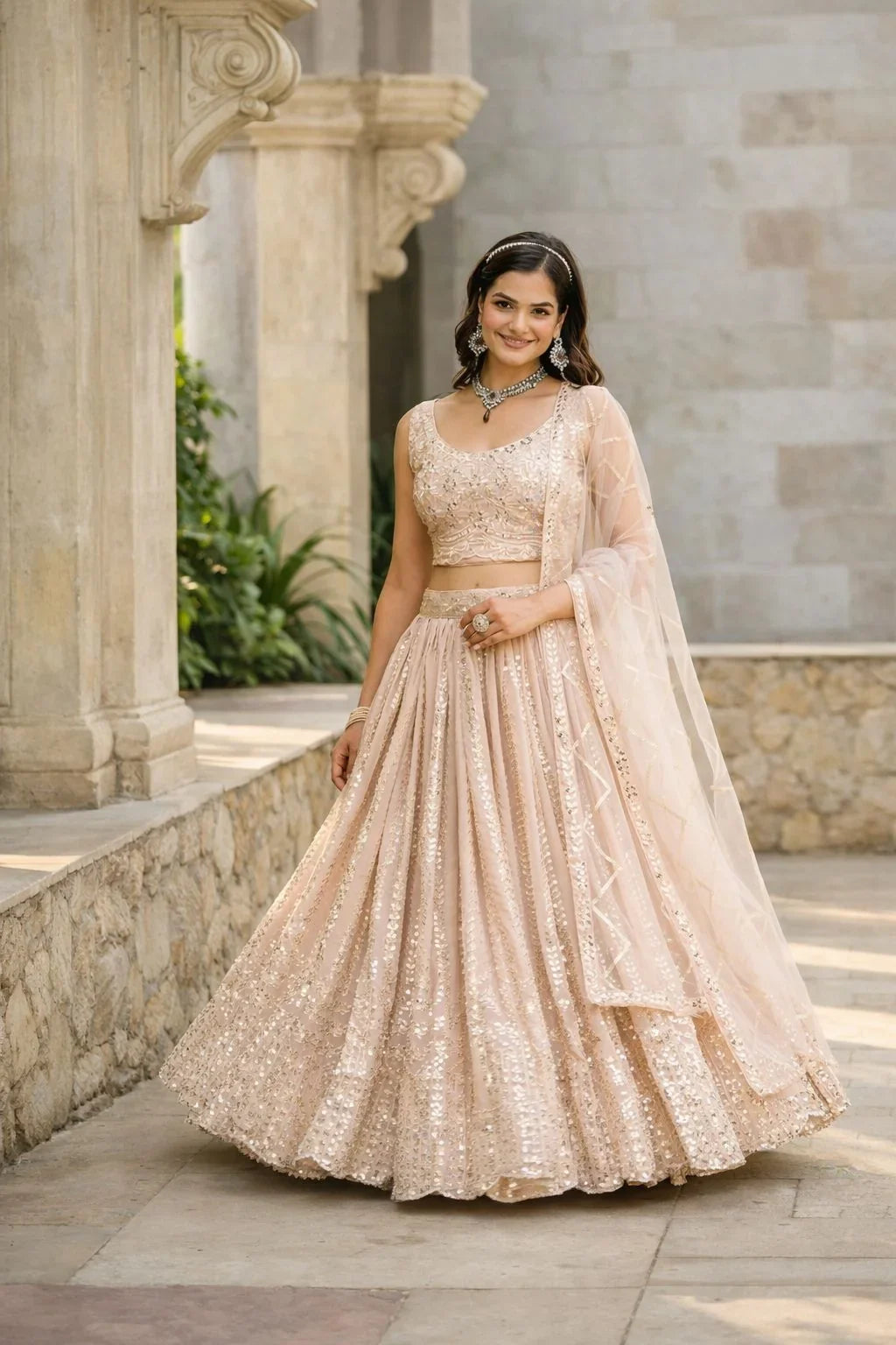 Blush Peach Sequin Embroidered Elegant Lehenga Set – Luxury Designer Wedding & Party Wear in USA