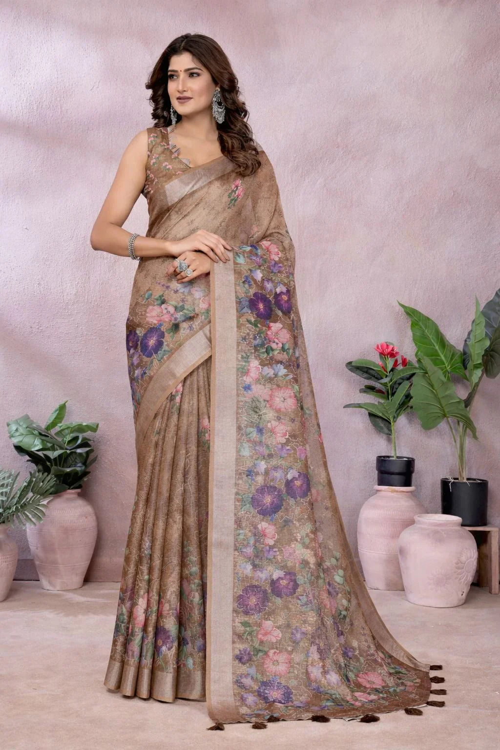 Caramel Brown Linen Saree With Floral Print – Earthy Elegance and Modern Style in USA