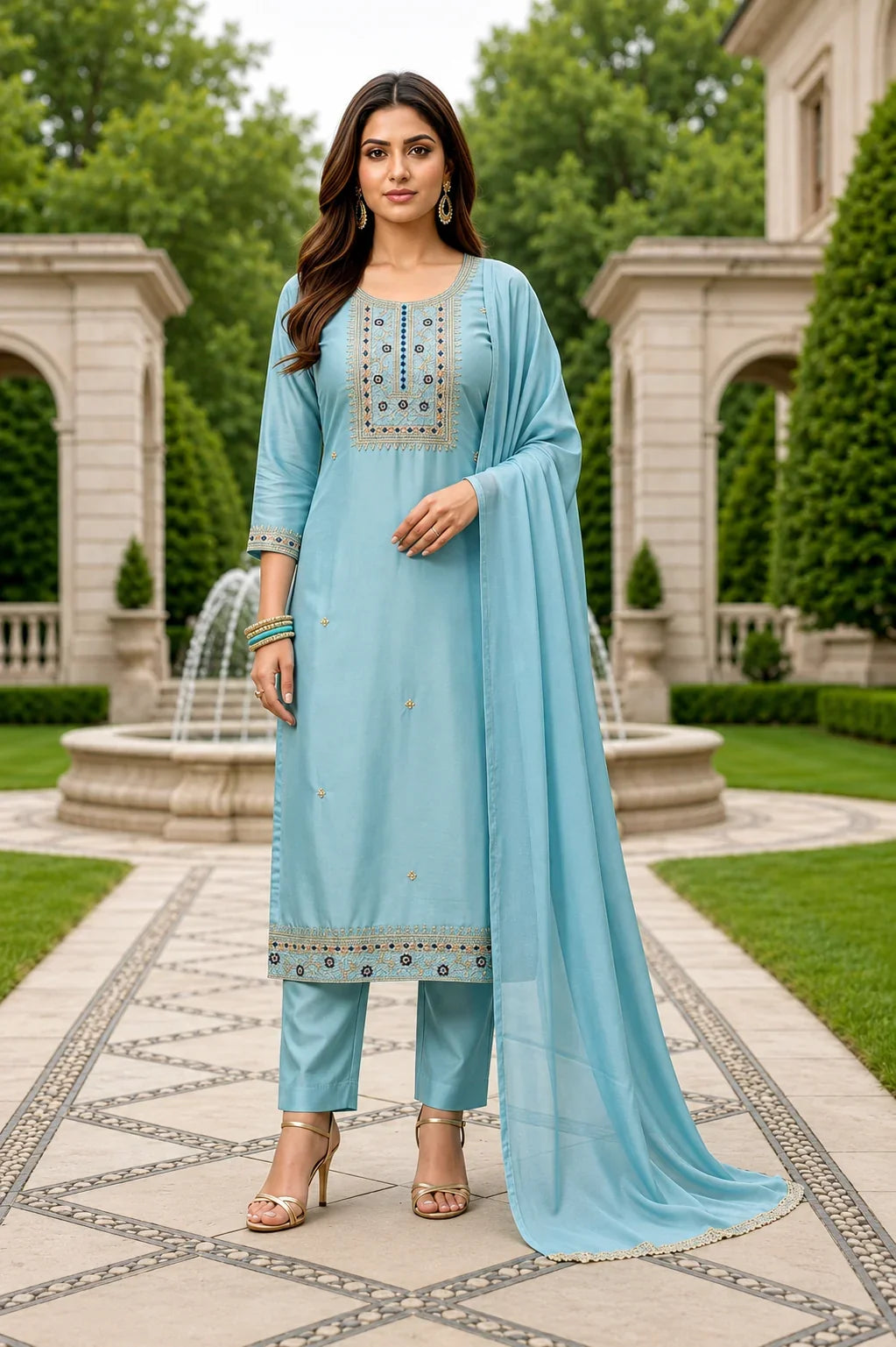 Maitry Sky Blue Roman Silk Embroidered Kurta Set with Dupatta