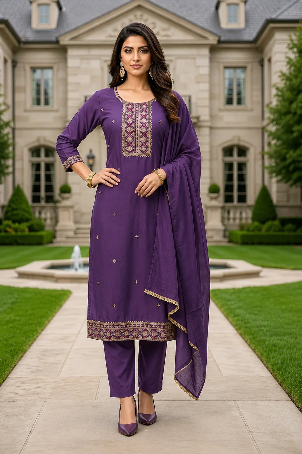 Maitry Royal Purple Roman Silk Embroidered Kurta Set with Dupatta