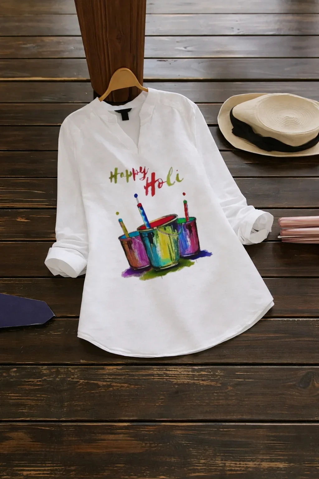 Happy Holi Color Bucket Printed Festive Shirt in USA – Available at Swaraksha Fashions, Overland Park KS