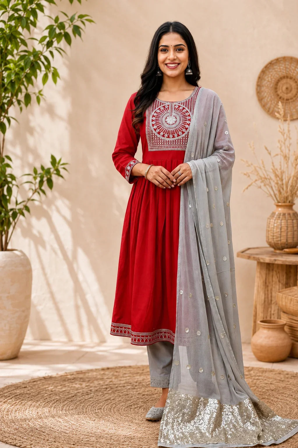 Riya Red Roman Silk Embroidered Anarkali Kurta Set with Grey Dupatta