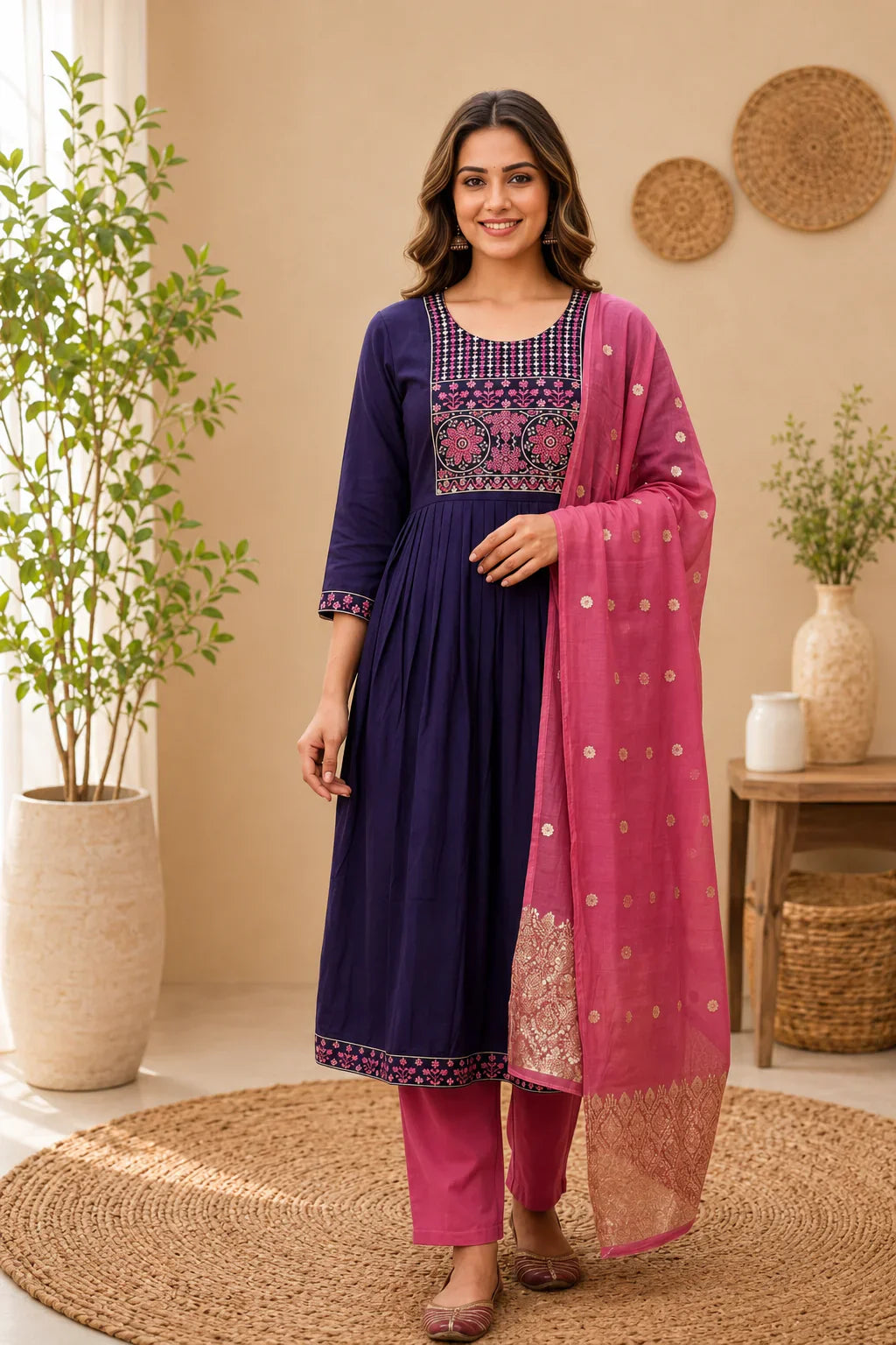 Riya Navy Blue Roman Silk Embroidered Kurta Set with Pink Dupatta – Elegant Designer Ethnic Wear in USA