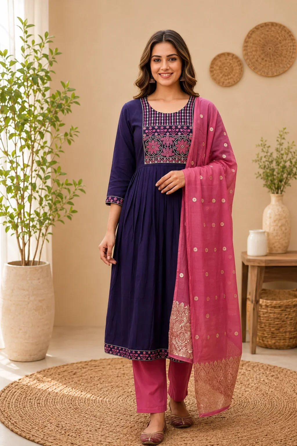 Riya Teal Blue Roman Silk Embroidered Kurta Set with Mint Green Dupatta