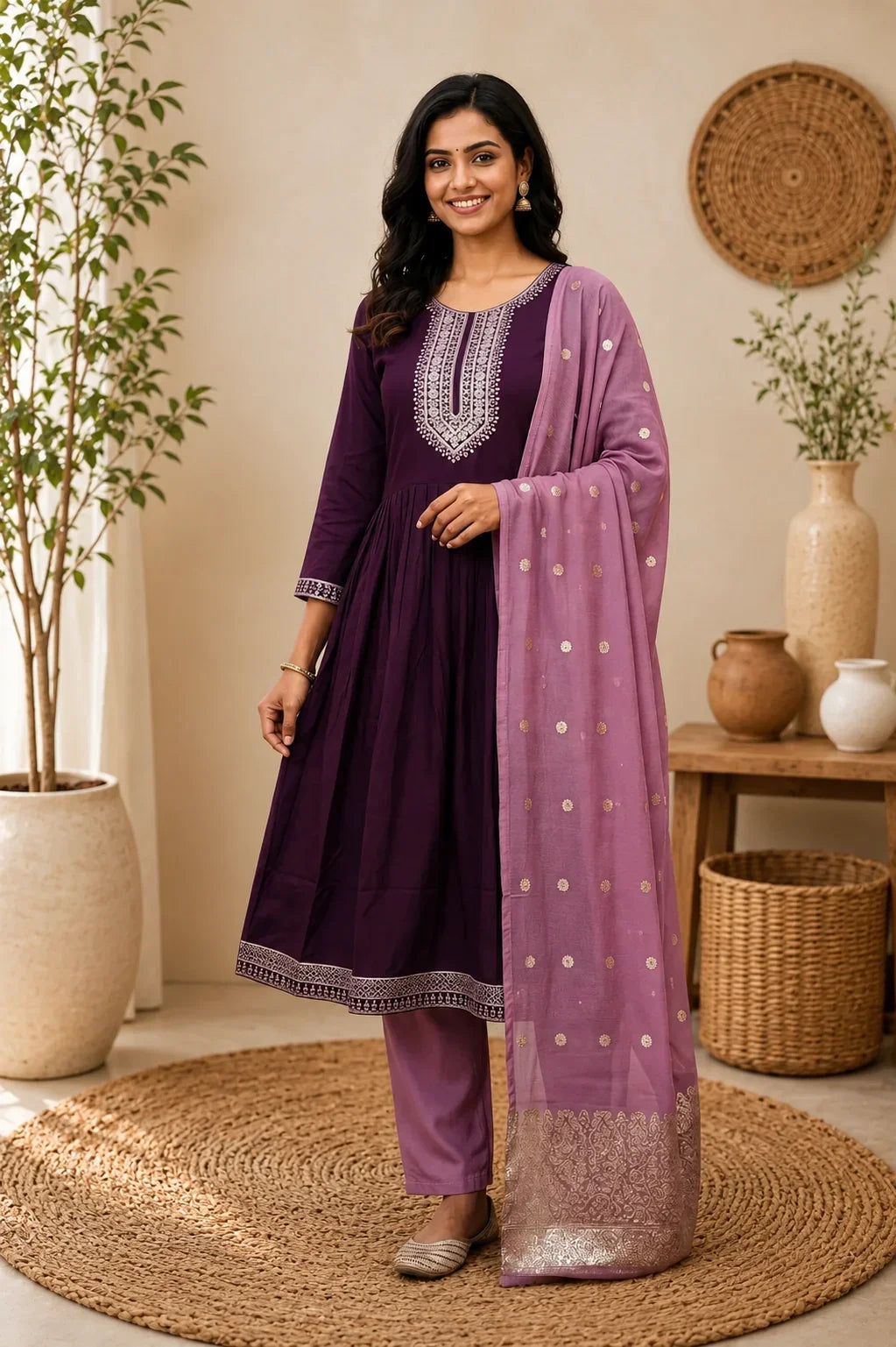 Riya Purple Roman Silk Embroidered Kurta Set with Lavender Dupatta