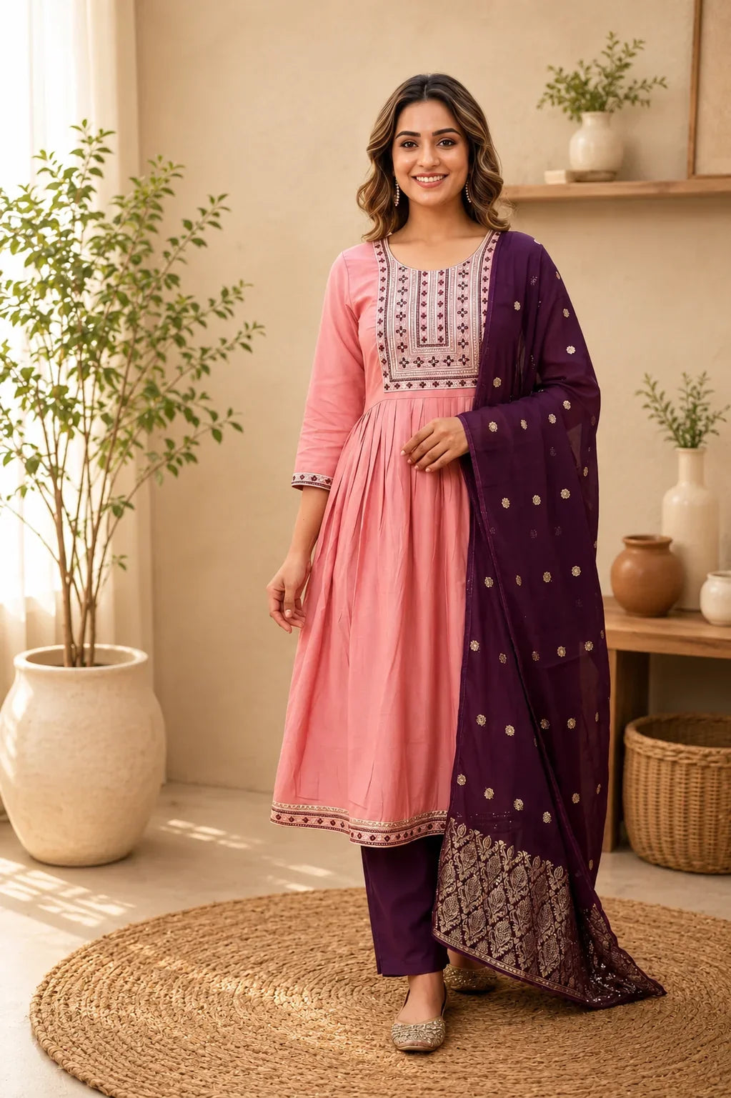 Riya Baby Pink Roman Silk Embroidered Kurta Set with Plum Purple Dupatta