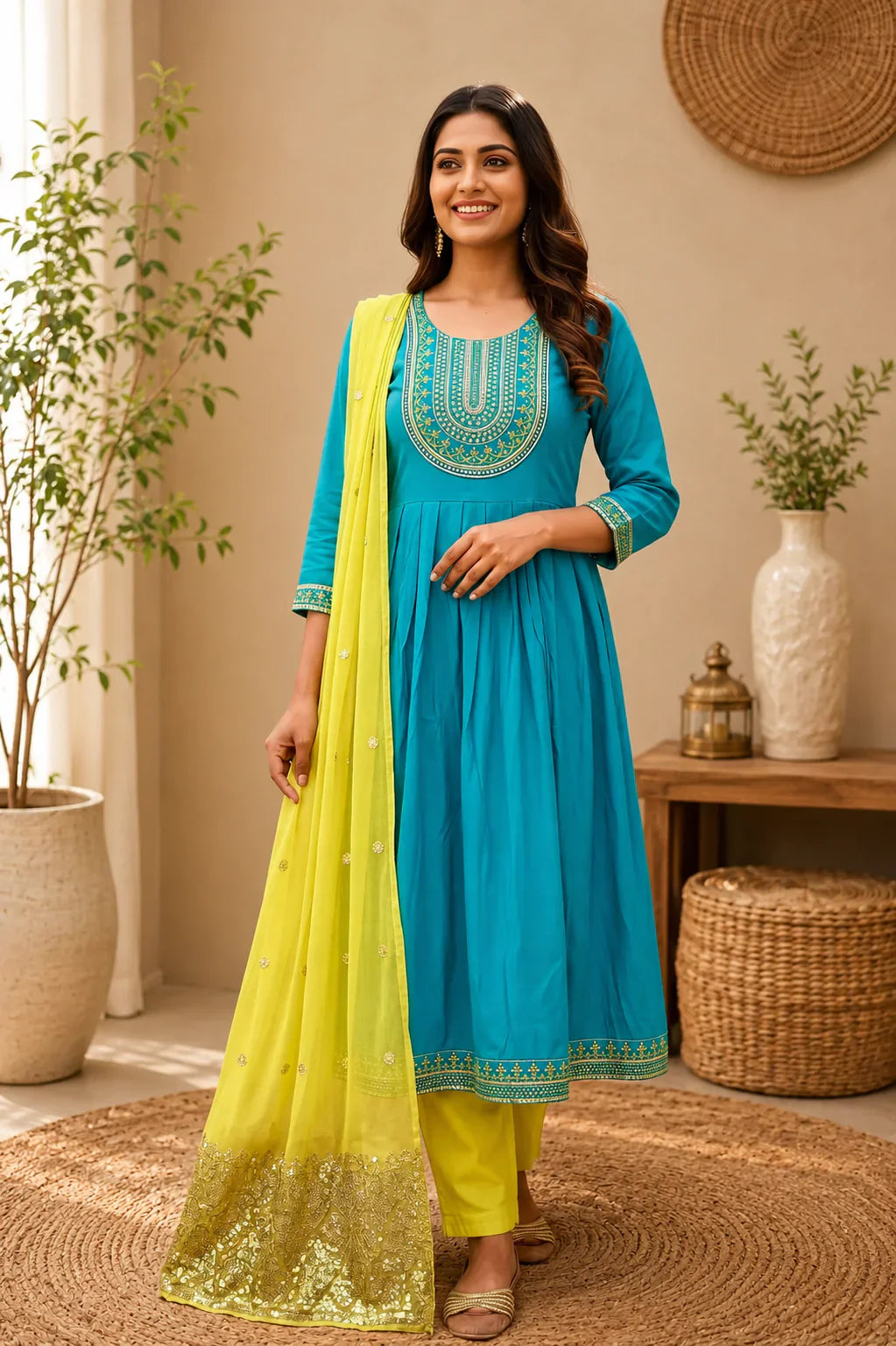 Riya Turquoise Embroidered Anarkali Kurta Set with Yellow Dupatta – Vibrant Ethnic Fashion in USA