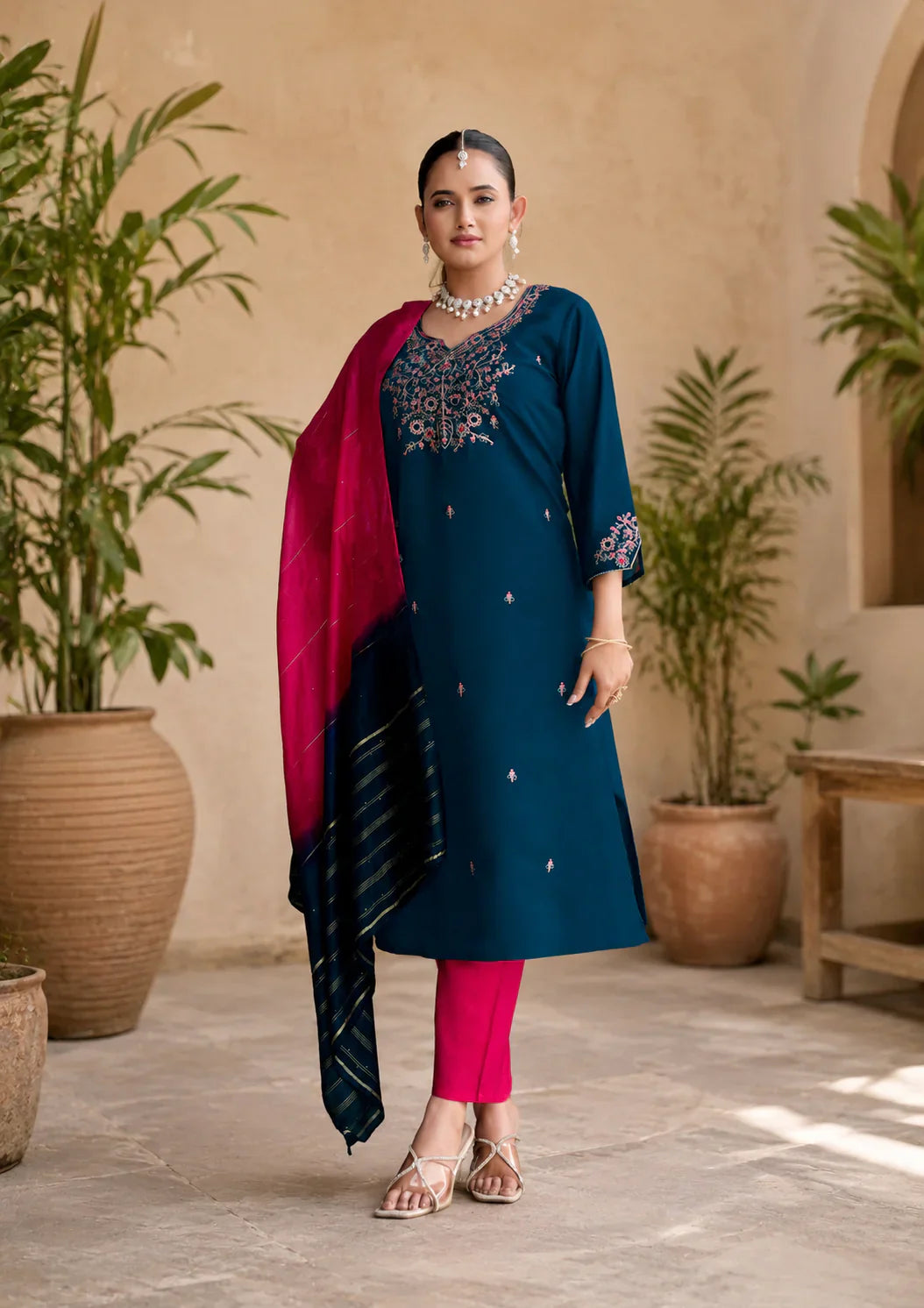 Mystic Navy Blue Roman Silk Embroidered Kurta Set with Pink Dupatta – Premium Indian Ethnic Fashion in USA