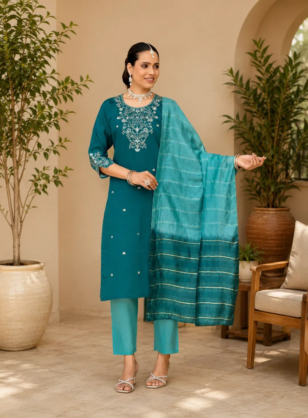 Mystic Teal Blue Roman Silk Embroidered Kurta Set with Chanderi Dupatta – Premium Designer Ethnic Wear in USA