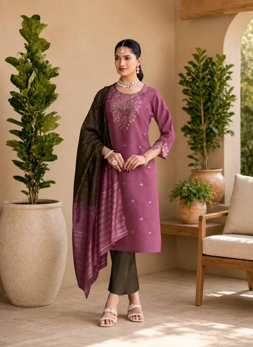 Mystic Mauve Roman Silk Embroidered Kurta Set with Dual Tone Dupatta – Elegant Designer Ethnic Wear in USA