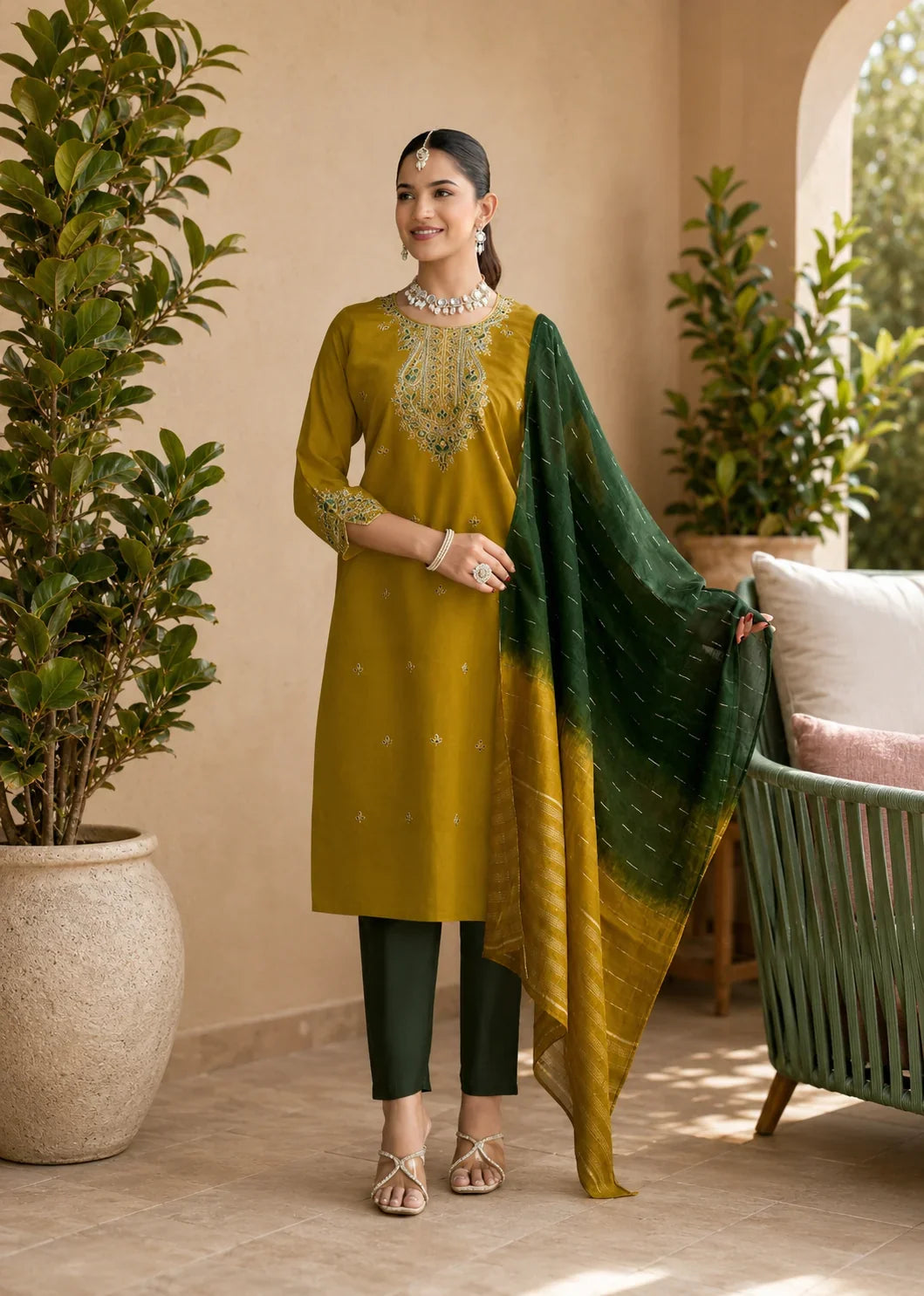 Mystic Olive Green Roman Silk Embroidered Kurta Set with Dual Tone Dupatta – Premium Designer Ethnic Wear in USA