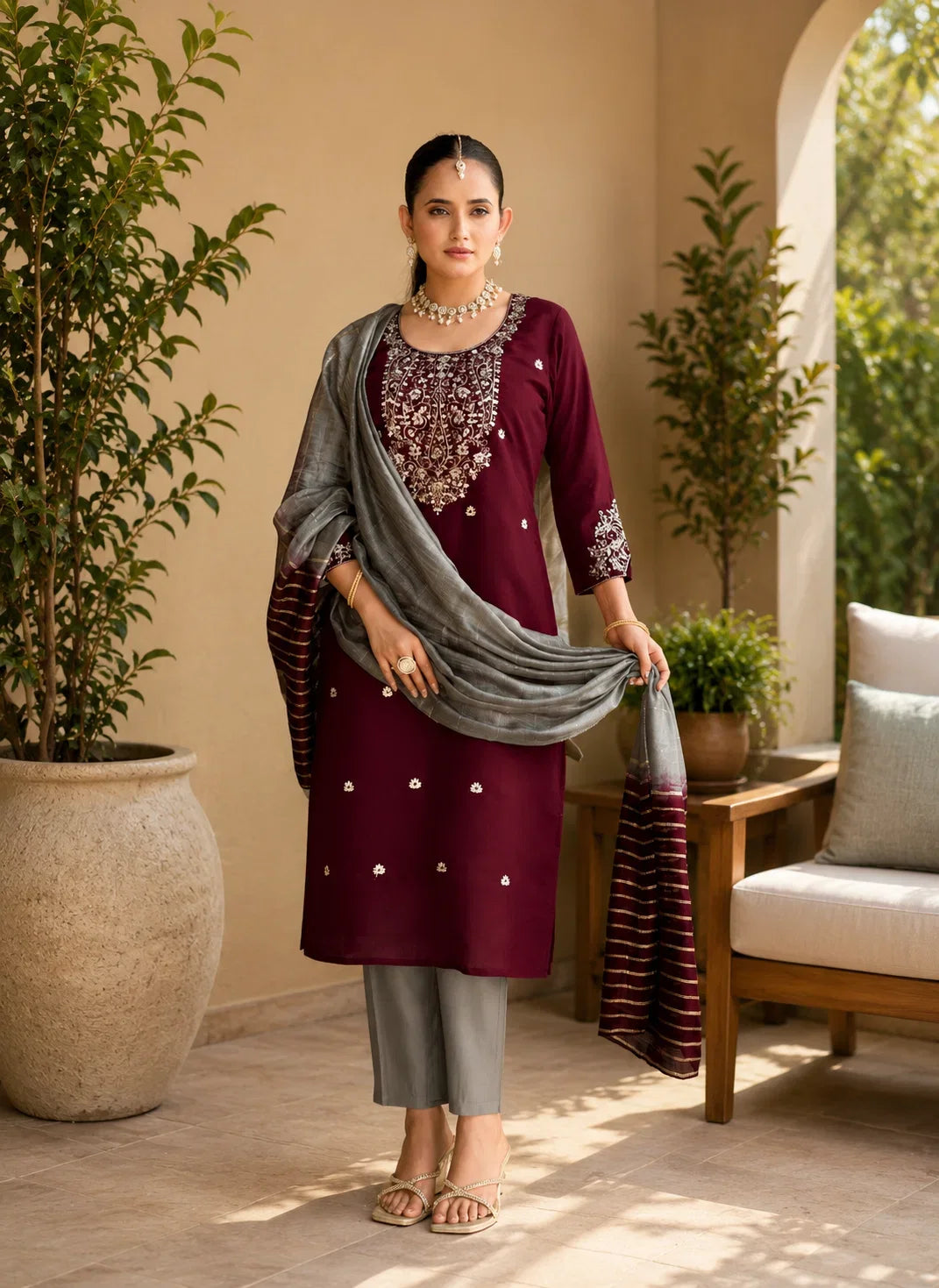 Mystic Wine Roman Silk Embroidered Kurta Set with Grey Dupatta