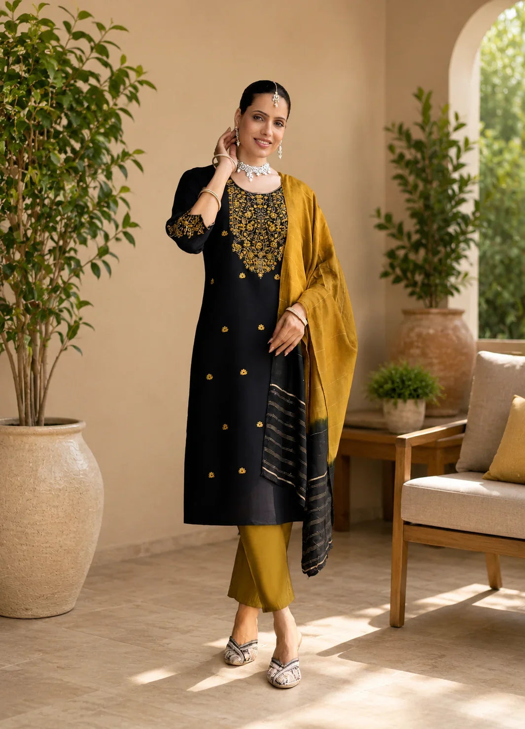 Mystic Black Roman Silk Embroidered Kurta Set with Mustard Dupatta – Luxury Designer Ethnic Wear in USA