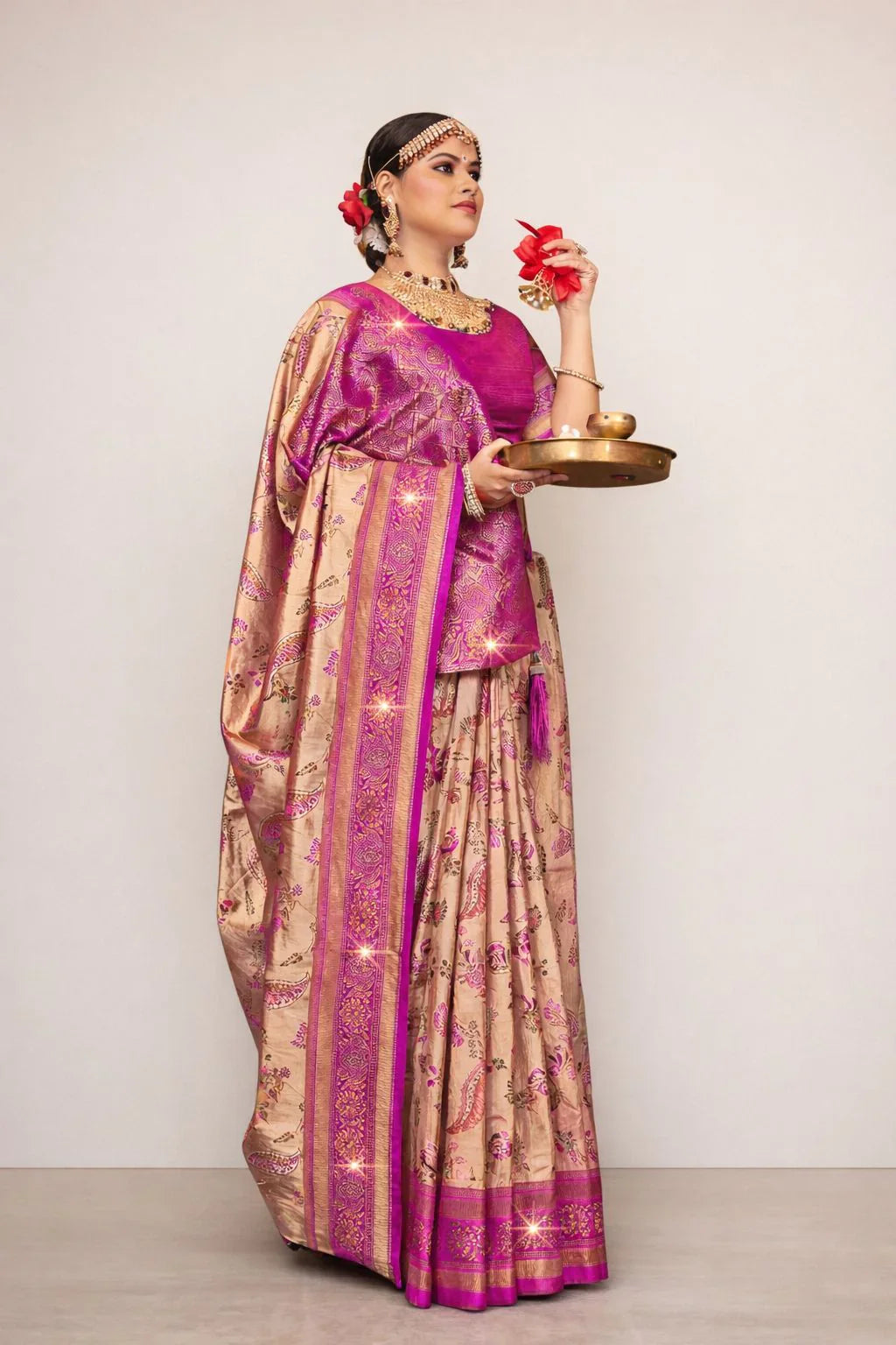 Cream & Pinkish Purple Banarasi Katan Silk Saree – Timeless Elegance for Every Occasion in USA
