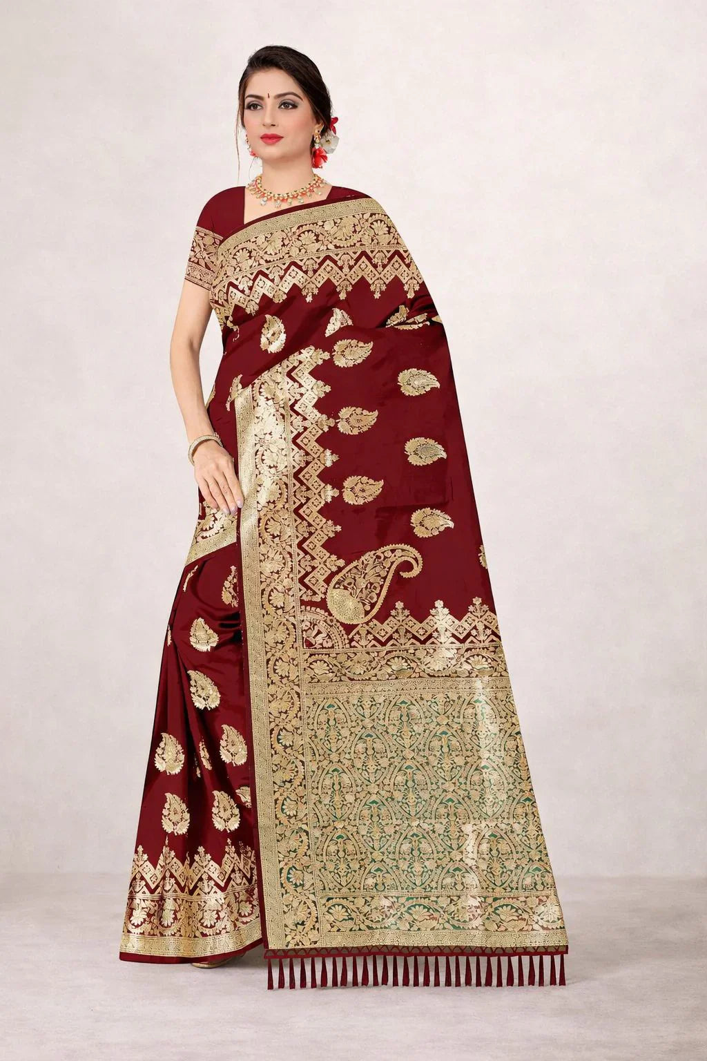 Deep Maroon Banarasi Silk Saree Festive Wear – Timeless Elegance for Women in USA