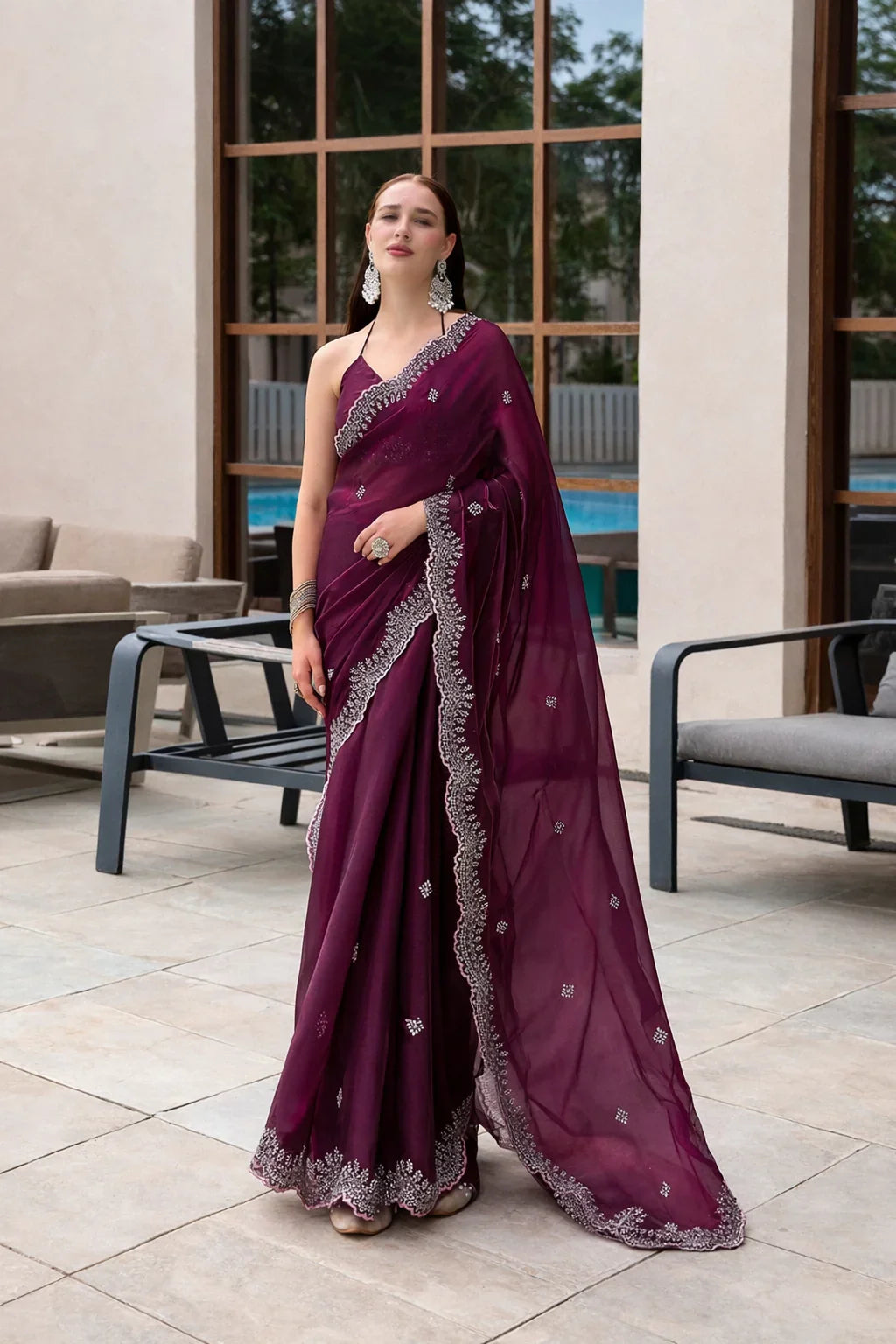 Deep Wine Purple Shimmer Chiffon Saree – Glamorous Designer Saree in USA at Swaraksha Fashions