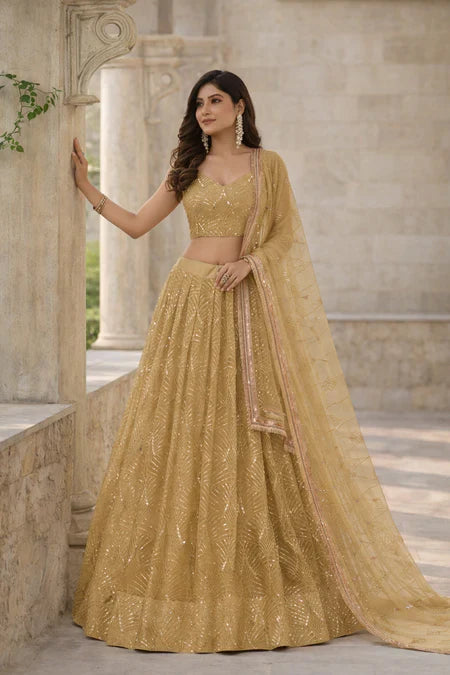 Elegant Gold Sequin Embroidered Party Wear Lehenga Set – Timeless Glamour in the USA