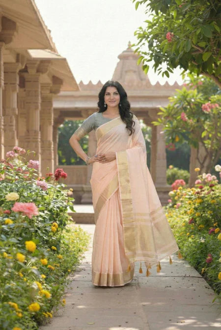 Elegant Ivory Silk Saree with Golden Zari Border & Blouse Piece – Timeless Luxury in the USA
