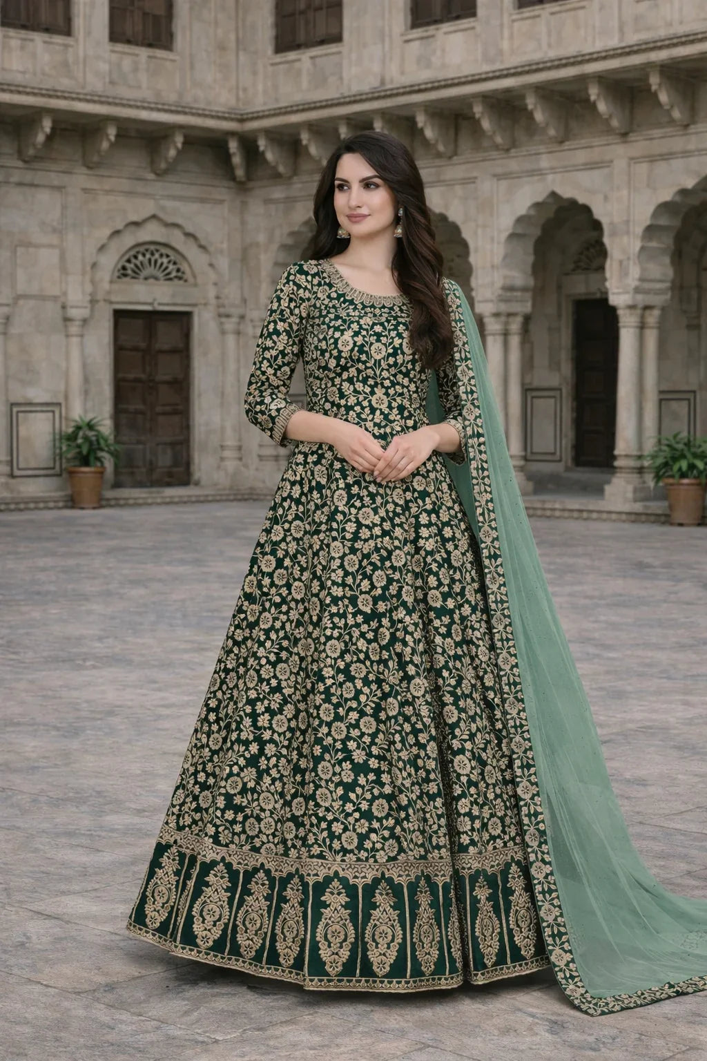 Emerald Green Heavy Embroidered Anarkali Gown with Net Dupatta – Luxury Indian Wedding Wear in USA