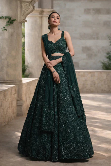 Emerald Green Sequin Embroidered Luxury Lehenga Set in USA – Available at Swaraksha Fashions, Overland Park KS