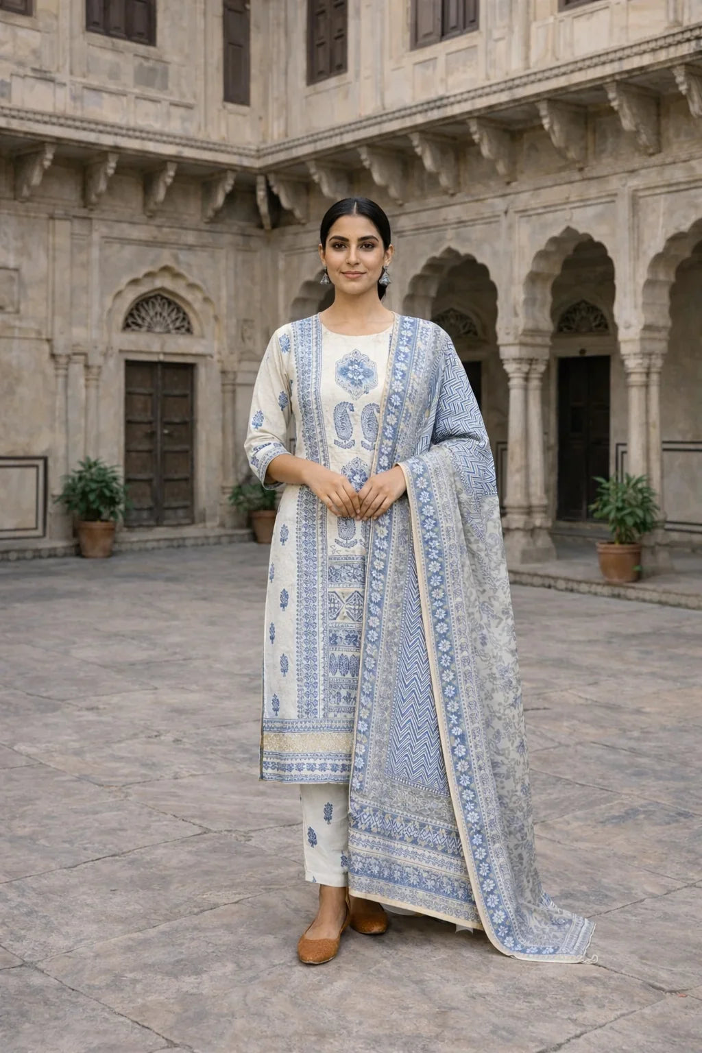 Ivory Blue Printed Straight Kurta Set with Dupatta
