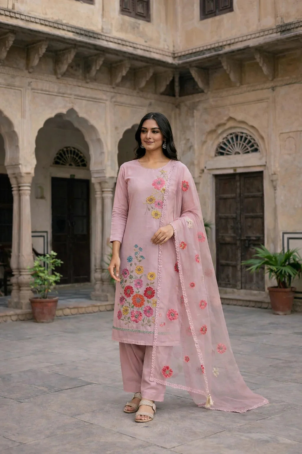 Blush Pink Floral Embroidered Straight Kurta Set with Dupatta – Soft Elegance in the USA