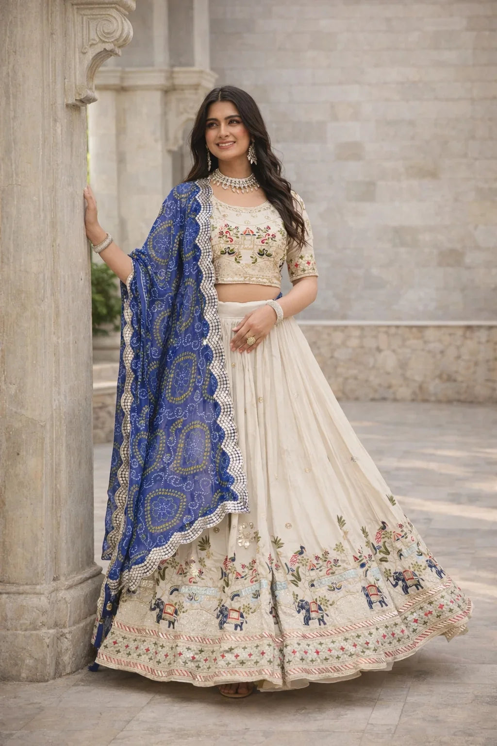 Ivory Embroidered Lehenga with Blue Bandhani Dupatta – Elegant Traditional Wear in USA
