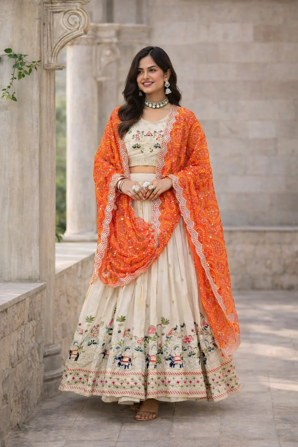 Ivory Embroidered Lehenga with Orange Bandhani Dupatta – Timeless Indian Designer Wedding Wear in USA