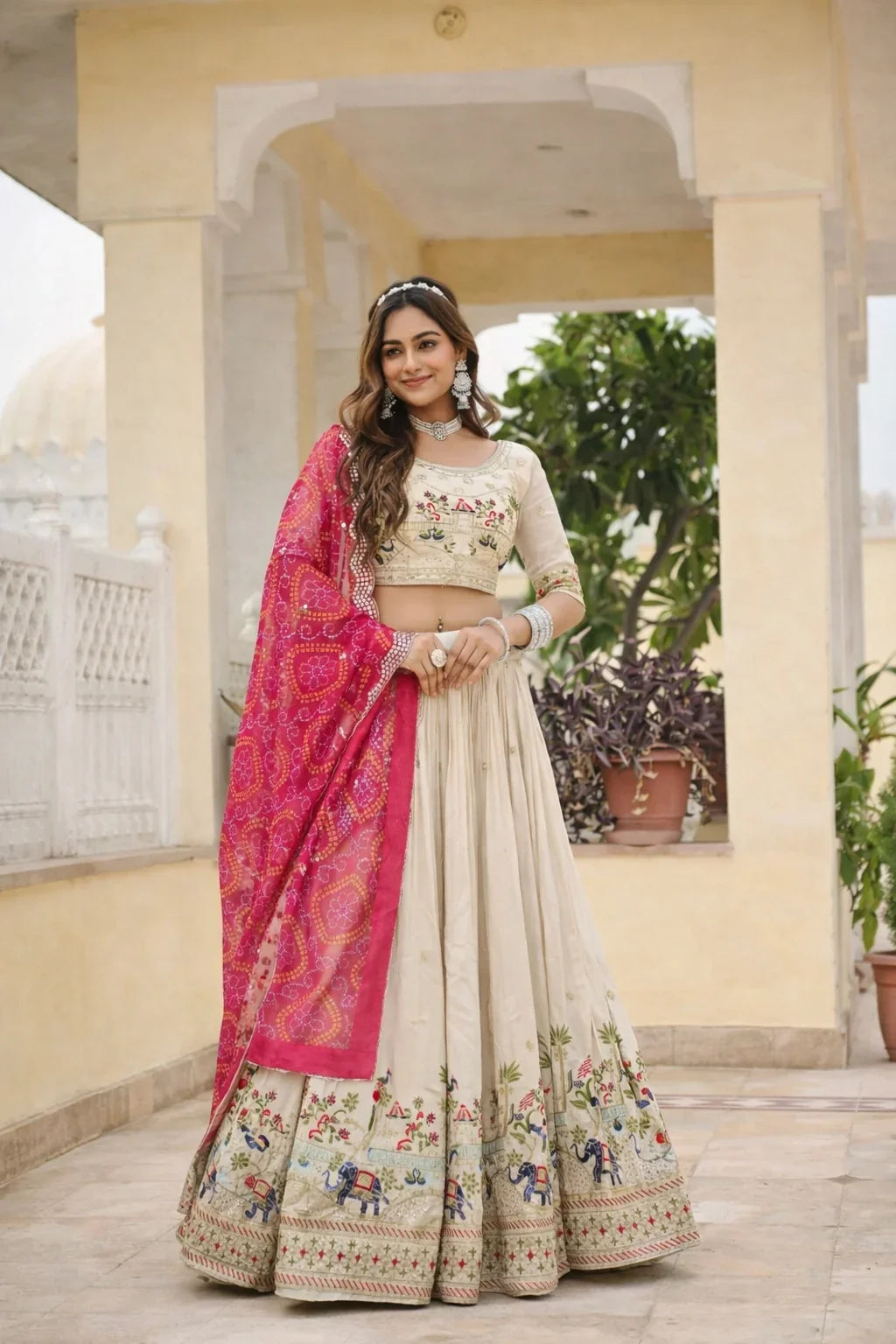 Ivory Embroidered Lehenga with Pink Bandhani Dupatta – Elegant Designer Wedding & Festive Wear in USA