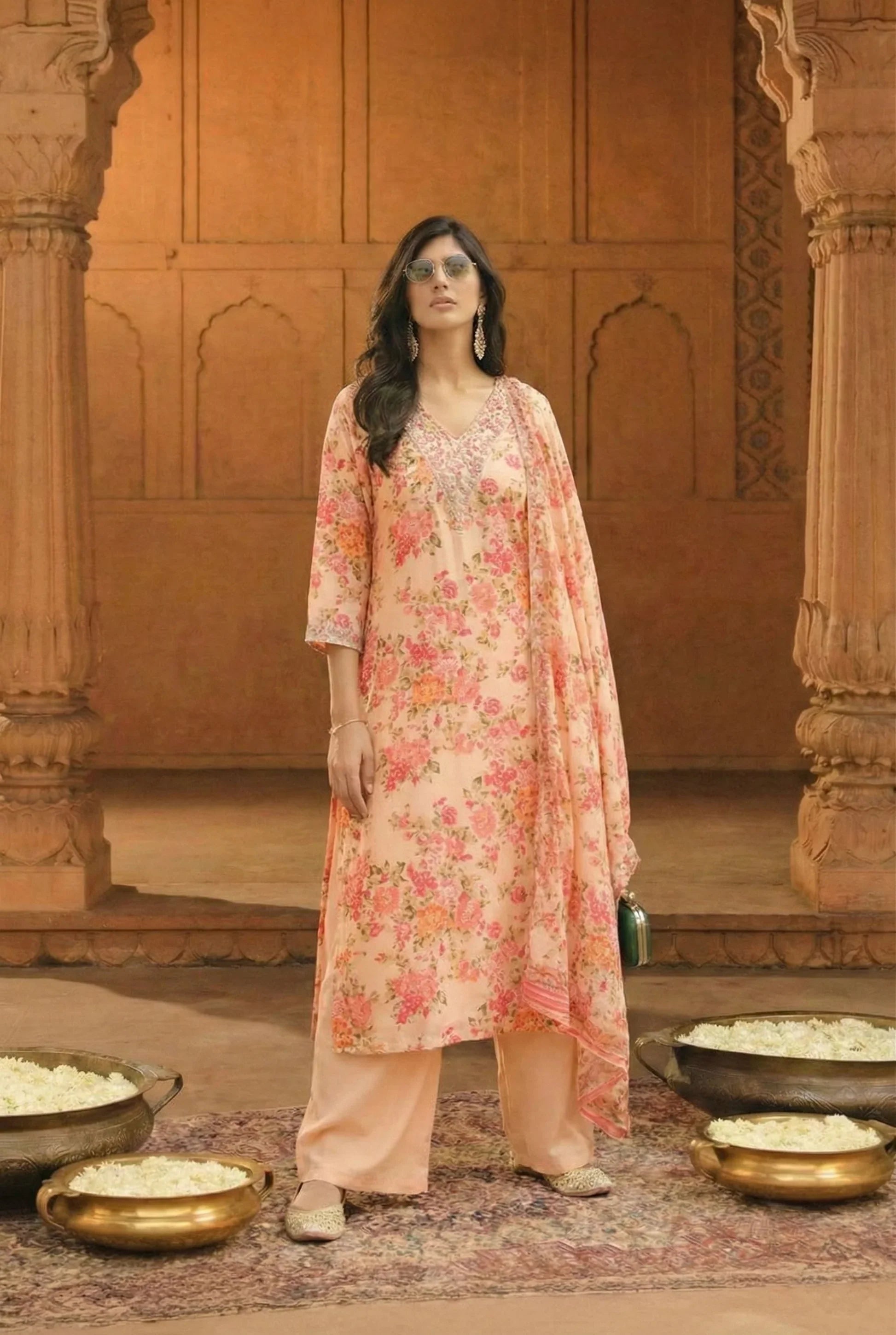 Ivory Floral Embroidered Kurta Set with Printed Dupatta – Elegant Ethnic Fashion in USA