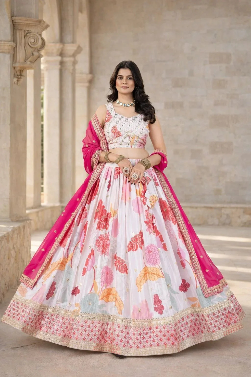 Ivory Floral Printed Lehenga Set with Pink Dupatta – Elegant Designer Wedding & Festive Wear in USA