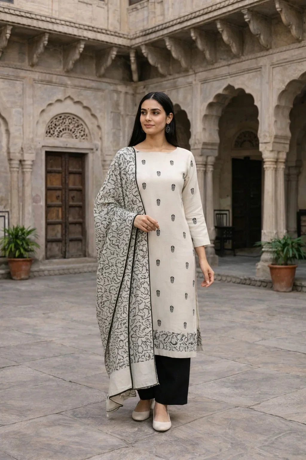Ivory Printed Straight Kurta Set with Dupatta