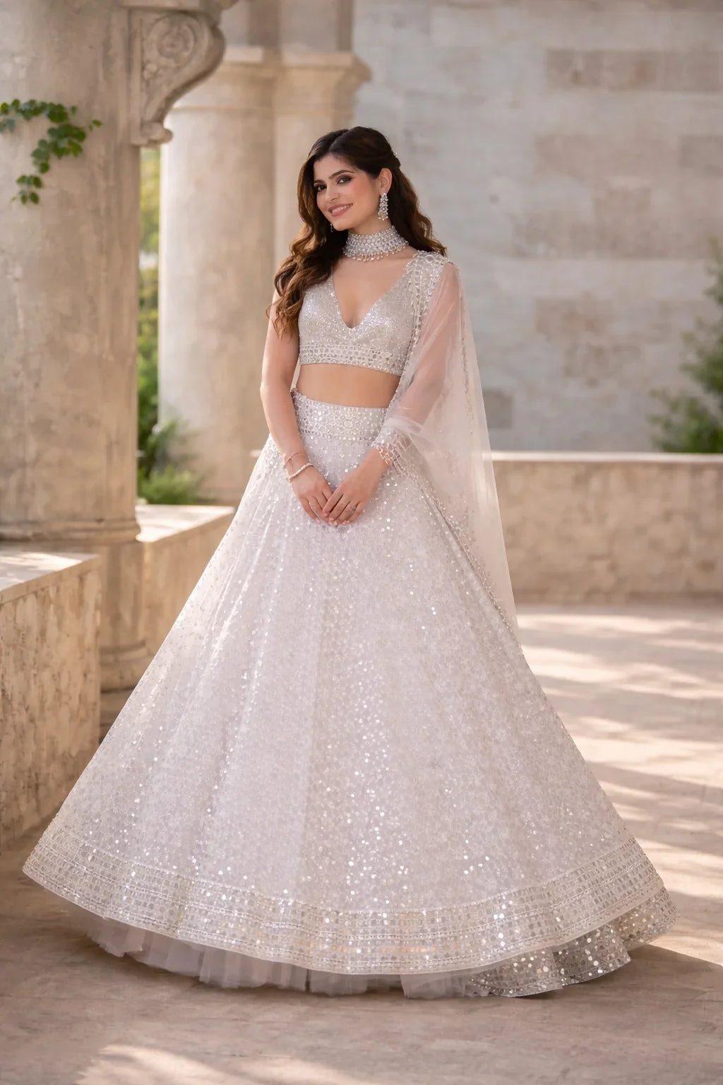 Ivory Silver Sequin Embroidered Bridal Lehenga Set – Elegant Wedding Wear in USA