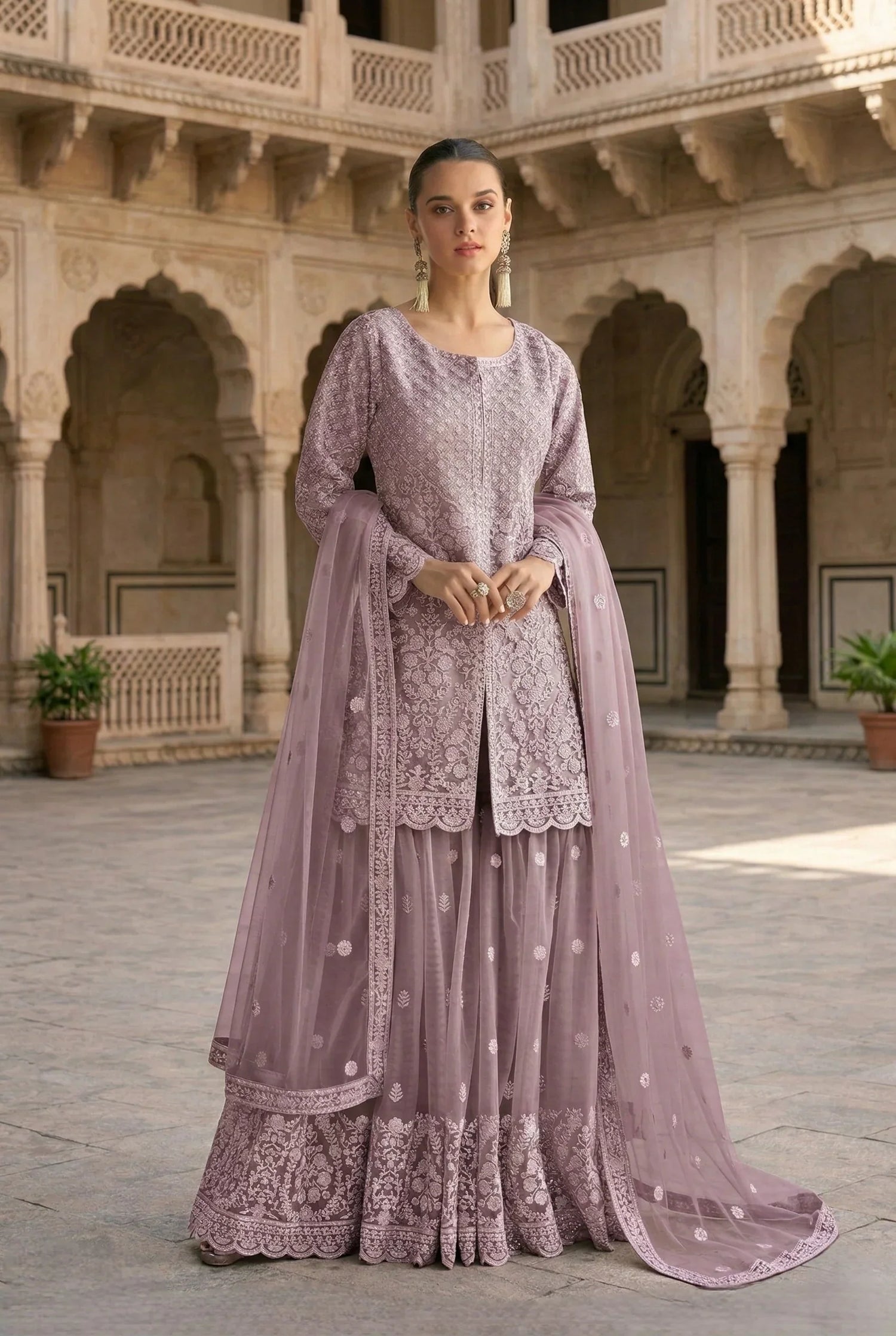 Lavender Embroidered Net Sharara Set With Jacket-Style Kurti & Dupatta – Elegant Designer Ethnic Wear in USA at Swaraksha Fashions