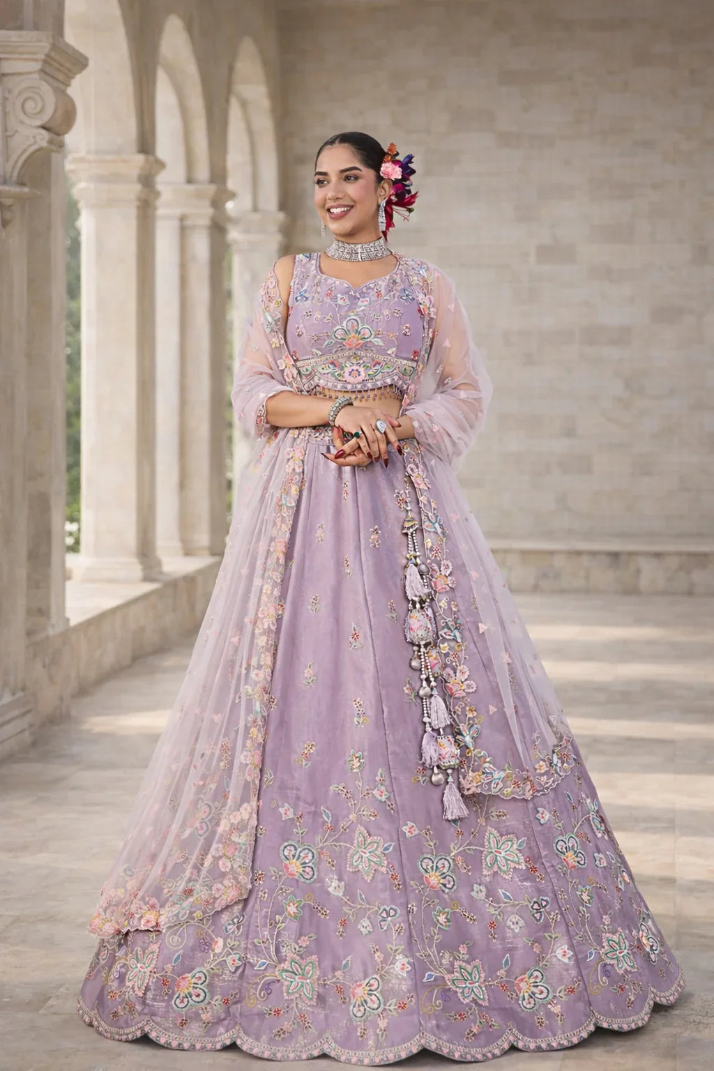 Lavender Pastel Floral Embroidered Designer Lehenga with Net Sleeves Blouse – Luxury Ethnic Fashion in USA at Swaraksha Fashions