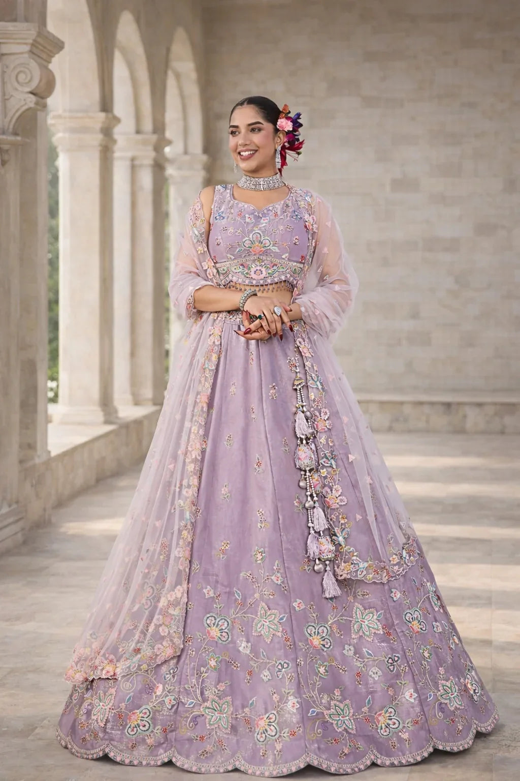 Lavender Pastel Floral Embroidered Designer Lehenga with Net Sleeves Blouse – Elegant Wedding Wear in USA