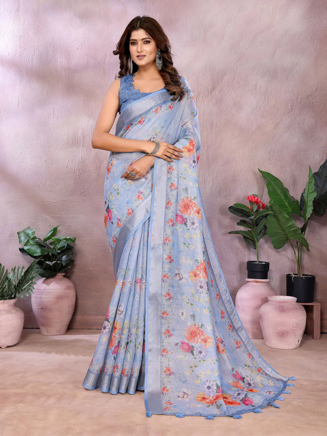 Light Blue Linen Saree With Floral Print – Effortless Elegance and Comfort in USA