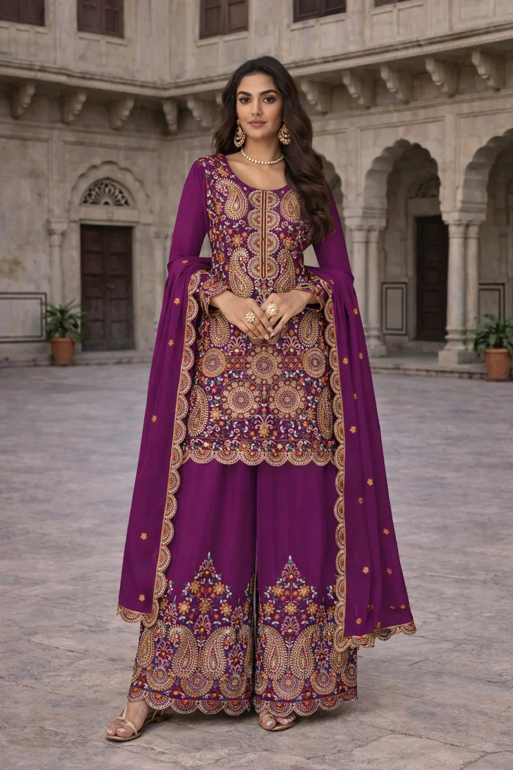 Magenta Heavy Embroidered Kurta Palazzo Set with Dupatta – Designer Women's Ethnic Wear in USA