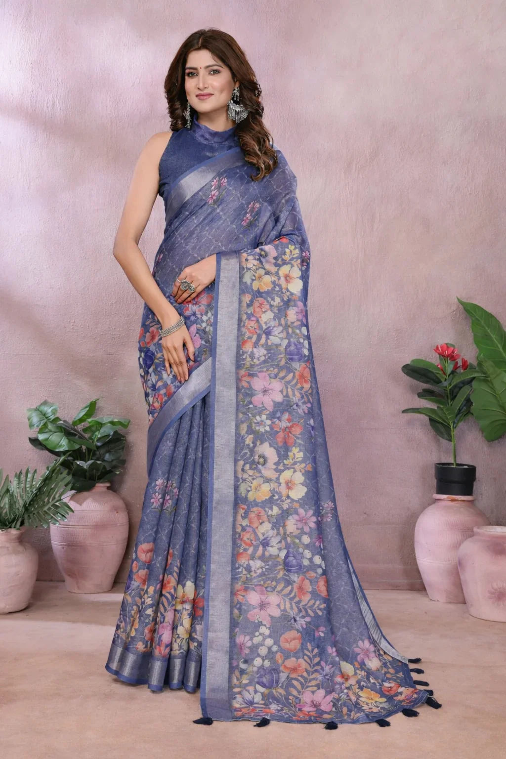 Majestic Blue Linen Saree With Floral Print – Classic Elegance and Modern Comfort in USA