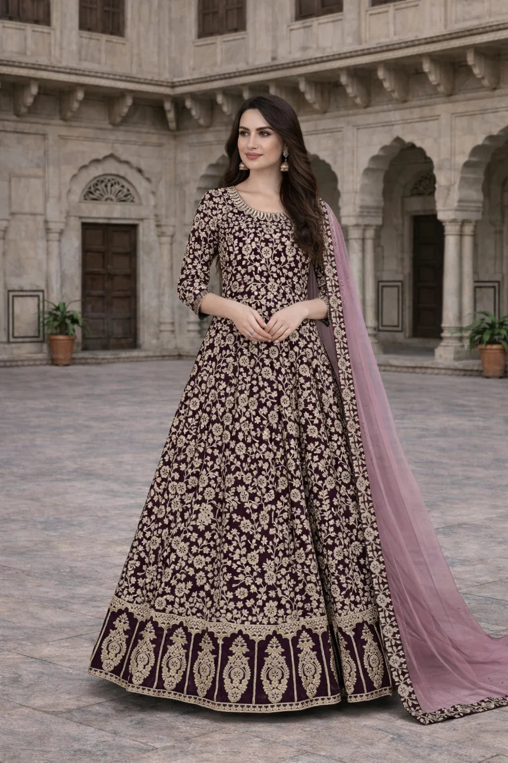 Maroon Heavy Embroidered Anarkali Gown with Net Dupatta – Luxury Indian Wedding Wear in USA