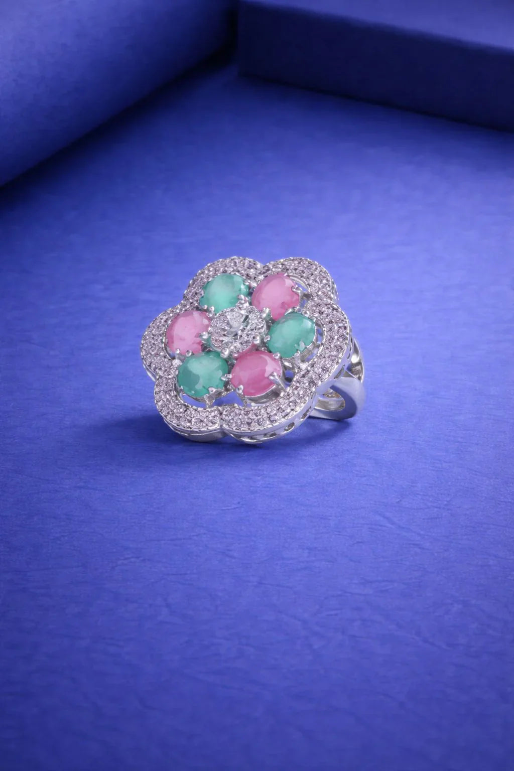 Mint Blush Floral Stone Ring – Elegant Designer Fashion Ring in USA