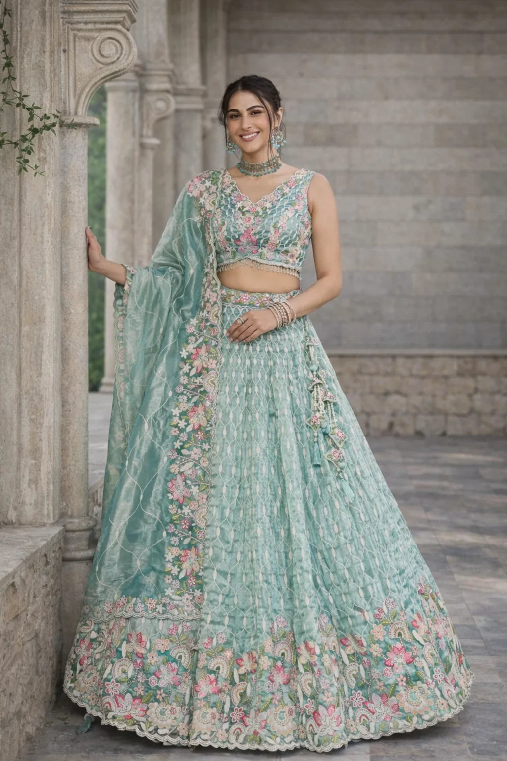Mint Green Heavy Embroidered Designer Lehenga with Dupatta – Elegant Wedding Wear in USA