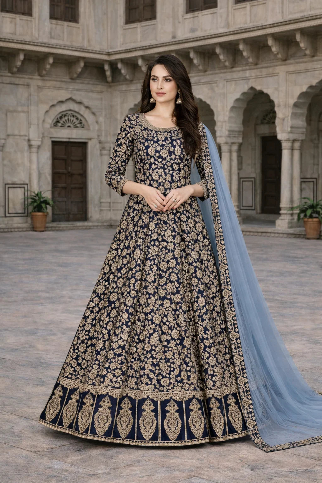 Navy Blue Heavy Embroidered Anarkali Gown – Royal Ethnic Fashion in USA