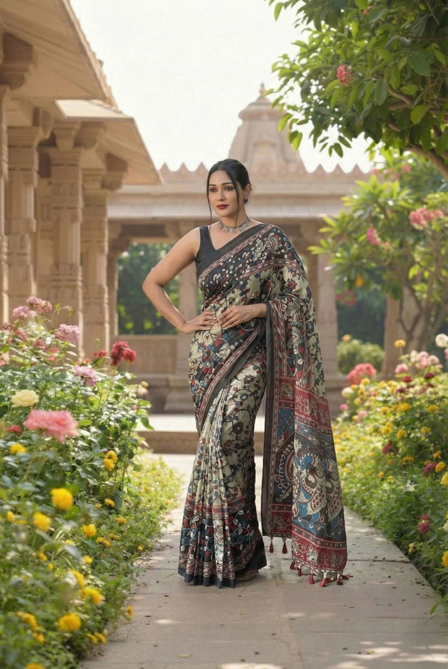 Olive Green & Maroon Kalamkari Printed Saree with Artistic Border – Timeless Ethnic Elegance in the USA