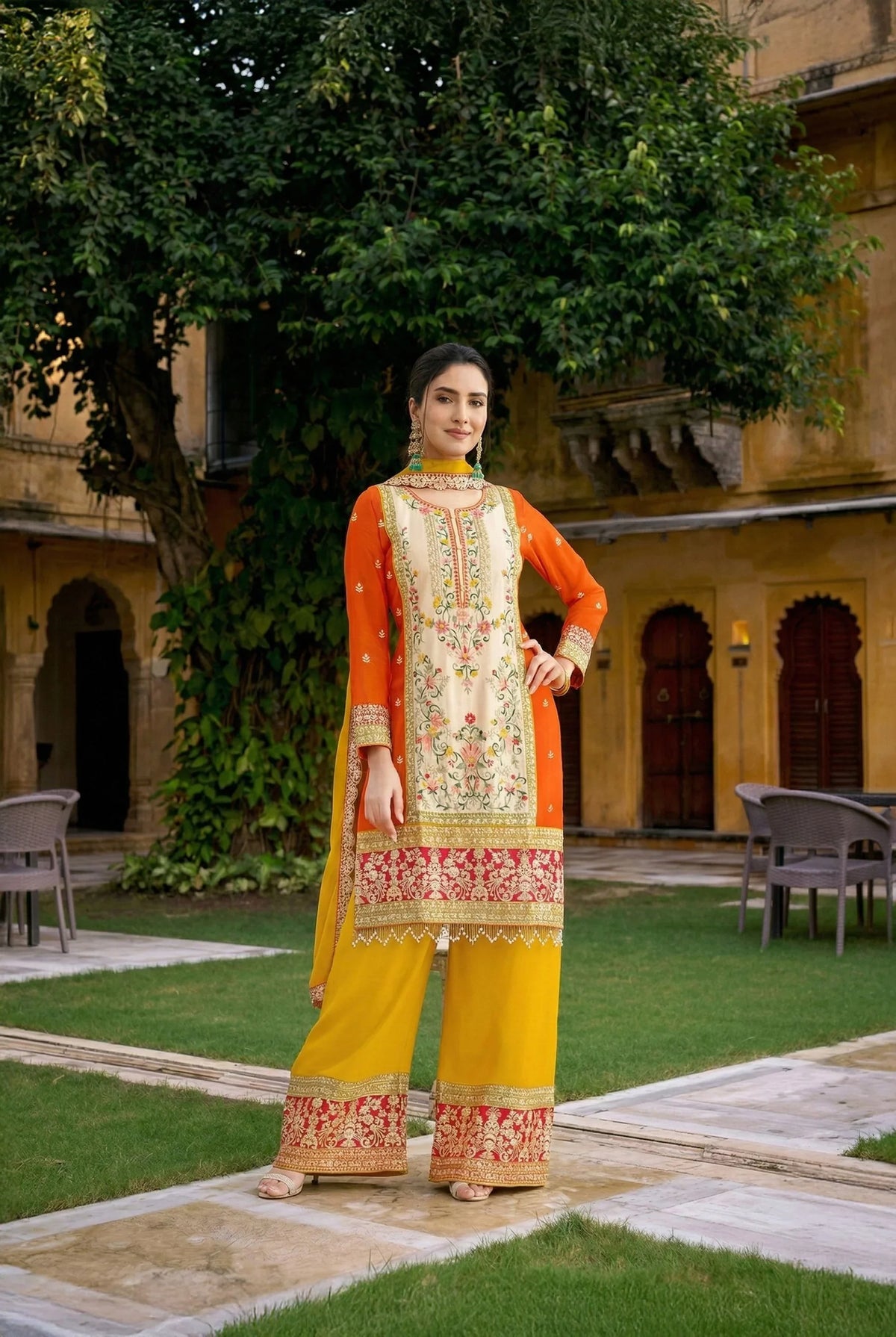 Orange & Mustard Embroidered Kurta Sharara Set with Dupatta – Festive Indian Wear for Women in USA